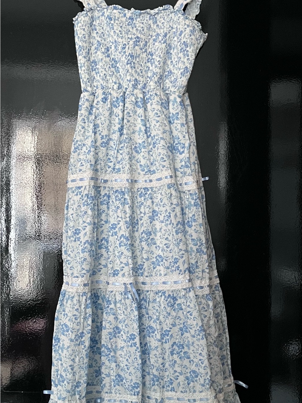 Altar’d State Blue Floral Tiered Maxi Dress with Ruffle Straps